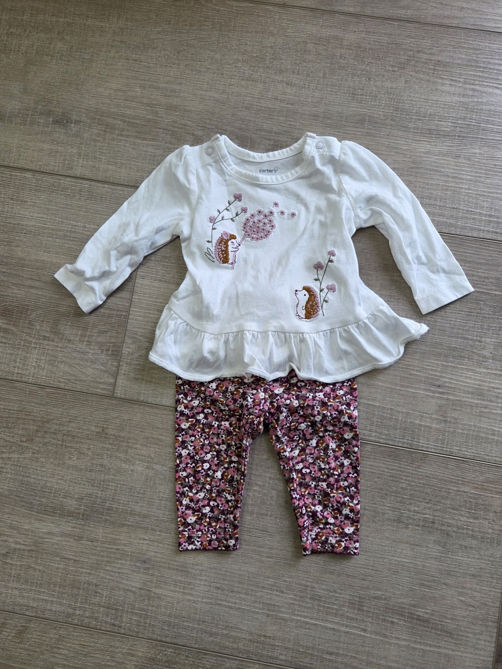 Carter's White Ruffle Hedgehog Top with Pink Floral Leggings